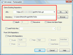 Finestra di TortoiseGit perimpostare l'URL del repository remoto e il percorso di quello locale